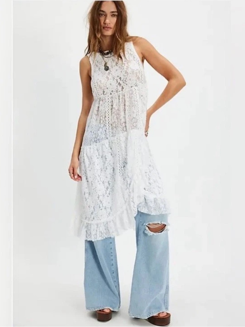 Free People White Lace Sleeveless Tiered Midi Dress NWT